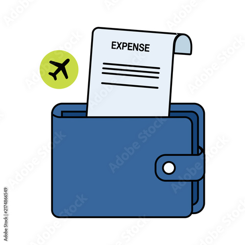 Blue Wallet with Expense Receipt and Airplane Icon for Travel Budgeting