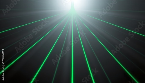 The image features a dark scene illuminated by bright green laser beams that radiate outward in a fan like pattern, converging towards a bright, glowing point in the distance