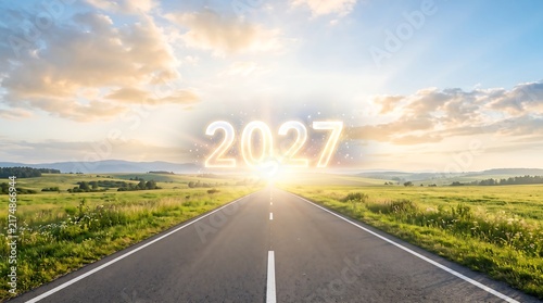 Empty road leading to glowing 2027 number at sunny horizon. New year journey and future concept. Green meadow landscape with sunrise sky as symbol of new beginning, goal and success