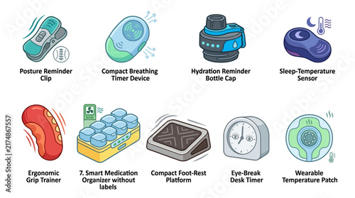 Smart health gadgets, 9 wearable tech icons, medical device vector set