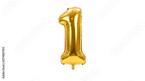 Obraz na płótnie Gold number one foil balloon for first birthday, anniversary celebration, winner award and milestone party design transparent PNG isolated cutout f