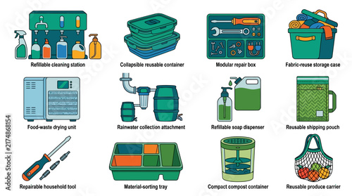 Sustainable living icons set, reusable household items, 12 eco vector assets