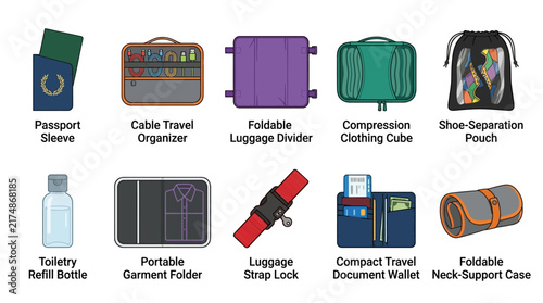 Travel packing accessories, 10 luggage organizer icons, vacation gear set