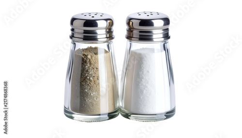 Two clear glass shakers with metal lids stand side-by-side against a black backdrop, one filled with pepper, the other with salt