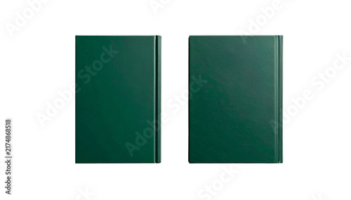 Two rectangular, dark green, leather-like covers sit side-by-side, spines visible, against a stark black backdrop. They appear smooth and slightly reflective