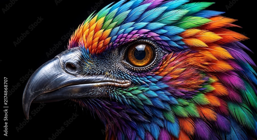 Fototapeta premium Close up portrait of a majestic eagle with vibrant rainbow colored feathers on black