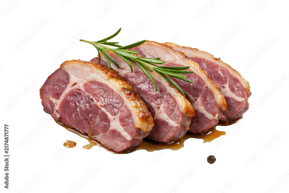 Obraz premium Four slices of raw pork neck meat garnished with fresh green rosemary sprigs on a white surface isolated on a transparent background