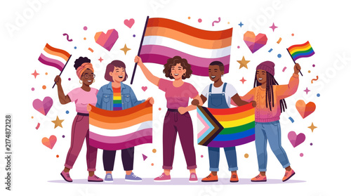 Diverse group of happy people celebrating inclusion with colorful flags