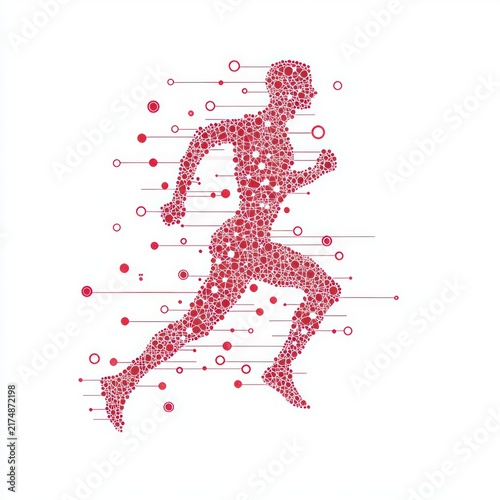 abstract red silhouette of a running person made of geometric dots and circles with motion lines conveying speed and energy