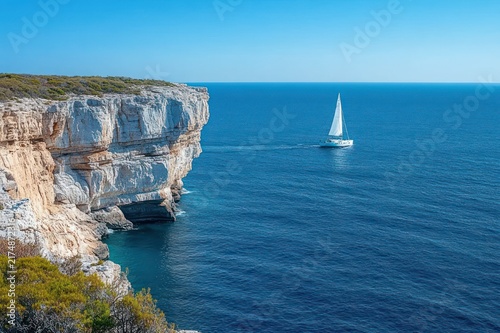 Sailboat gliding past sunlit limestone cliffs and coastal shrubs over a tranquil blue sea under a clear sky, evoking peaceful solitude