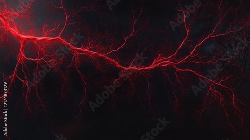 Glowing red branching vascular network stretching across a dark void, eerie and electric