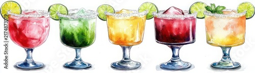 Five colorful watercolor cocktails in stemmed glasses with ice, lime slices and mint garnish on white background, festive and refreshing summer mood