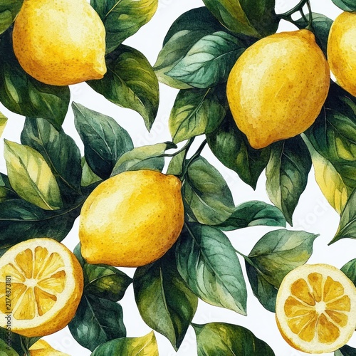 bright watercolor lemons and sliced citrus on leafy branches with green leaves and white background, vibrant fresh and cheerful summer botanical scene