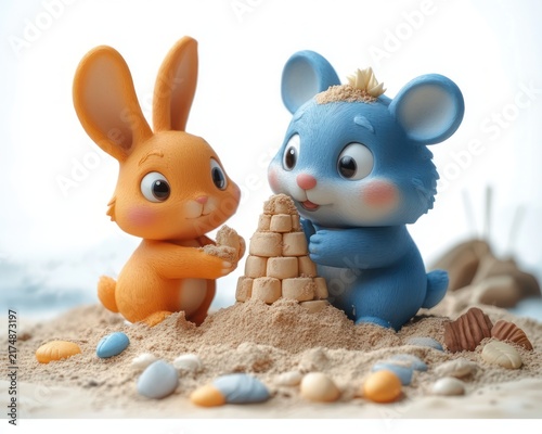 Playful orange rabbit and blue mouse building a small sandcastle on a sunlit beach, sharing a joyful cooperative moment among seashells and pebbles
