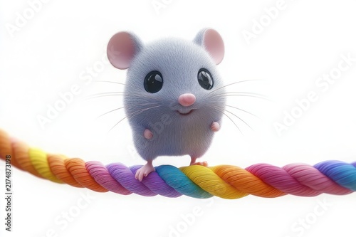 fluffy white mouse balancing on a braided rainbow rope with big shiny eyes and a playful curious expression