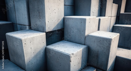 stacked concrete cubes and blocks creating a cold, austere minimalist geometric arrangement with deep shadows and rough texture