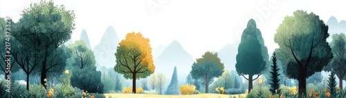 panoramic serene meadow with mixed green and golden trees, wildflowers, shrubs and distant misty mountains under soft morning light