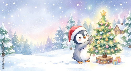 Cute penguin in santa hat decorating christmas tree with lights and ornament in snowy winter forest. Holiday celebration and festive cheer concept. Christmas greeting card illustration
