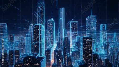 Futuristic city skyline with glowing neon lights and digital network lines during night