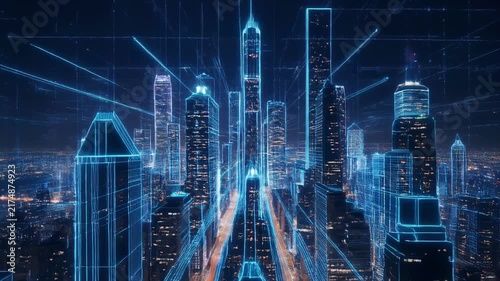 Futuristic Cityscape with Neon Lights and Digital Grid Overlay During Nighttime