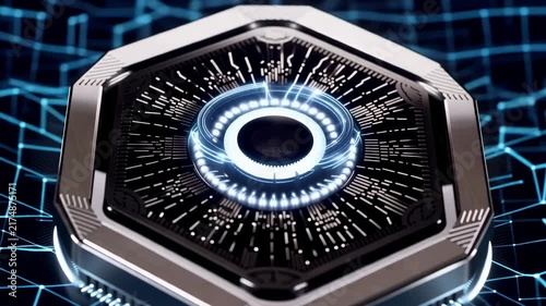 Futuristic Hexagonal Device Glowing With Blue Light on Digital Circuit Background