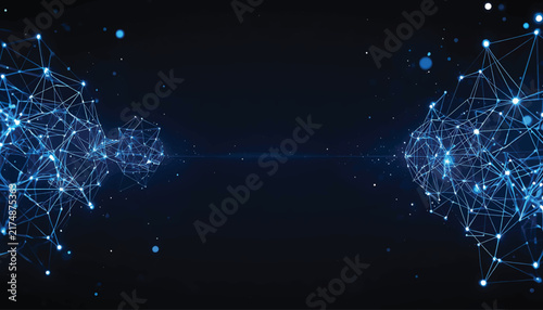 Abstract digital background featuring glowing blue particles connected by intricate lines representing modern technology and global data network connectivity