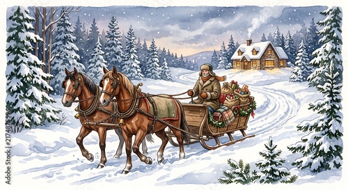 Man driving horse drawn sleigh with Christmas gifts through snowy winter forest. Watercolor holiday illustration with cozy cottage. Christmas and New Year concept.