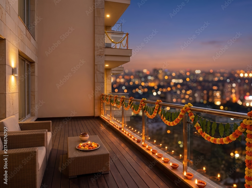 Obraz premium Hotel balcony decorated with diyas and marigold garlands overlooking city lights at dusk for diwali balcony background and festival banner