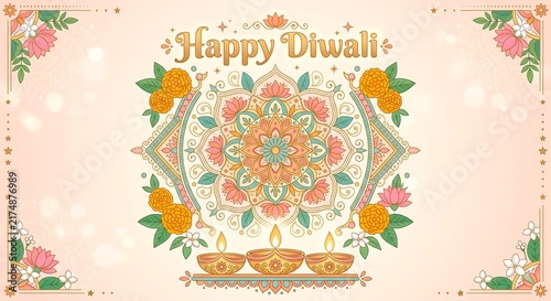 Happy Diwali greeting card with decorative mandala, lotus flower and burning diya oil lamp. Indian festival of lights celebration. Traditional hindu holiday poster design