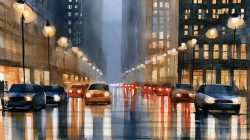 a watercolor painting New York, street life