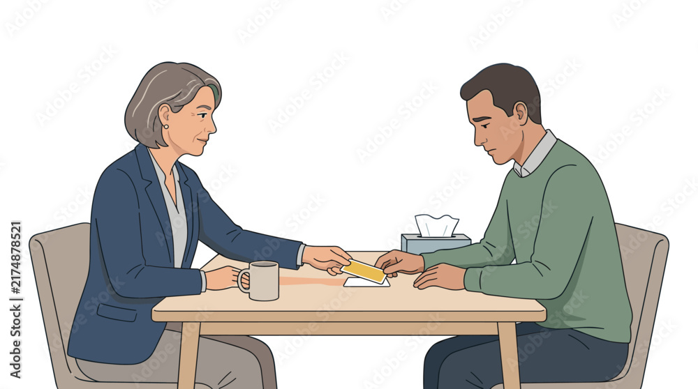 Obraz premium Professional therapist offering support and contact card to a depressed man in a clinical counseling office vector art