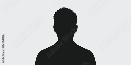 Black silhouette of a man head and shoulders portrait isolated on a light gray background, simple of a male person for identification or profile use