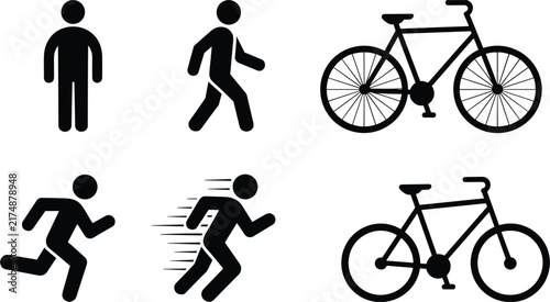 Collection of black featuring a standing person, a walking person, a running person, a person running fast with motion lines, and two bicycle side view silhouettes