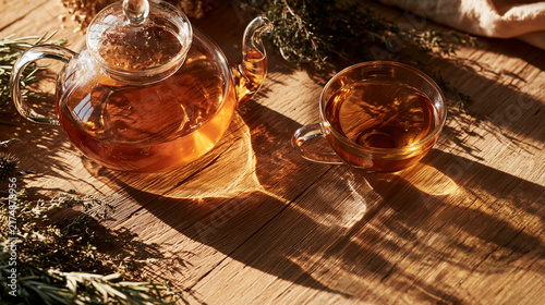 Glass teapot and cup of herbal tea glowing in warm sunlight on a rustic wooden table with fresh herbs, cozy natural wellness drink and relaxing autumn atmosphere