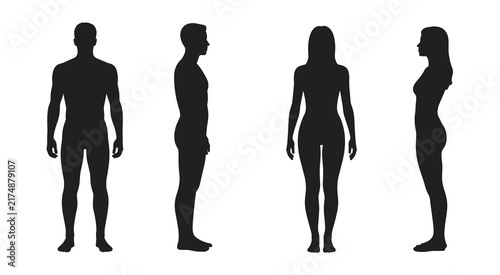 Set of four human body silhouettes including male and female figures in front and side views, black isolated on a white background, for anatomy