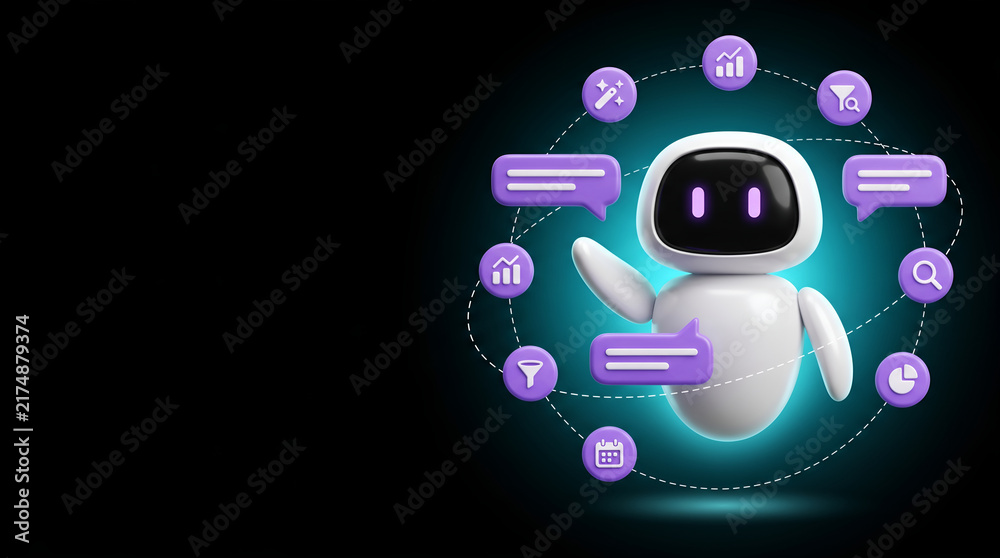 Fototapeta premium Cute white AI robot with chat bubbles and data icons surrounding it on a black background representing artificial intelligence and customer service