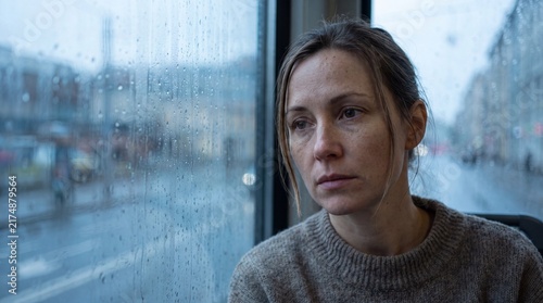 Woman looking out a rain streaked window on a cloudy day with blurred city buildings in the background with blurry urban scene beyond