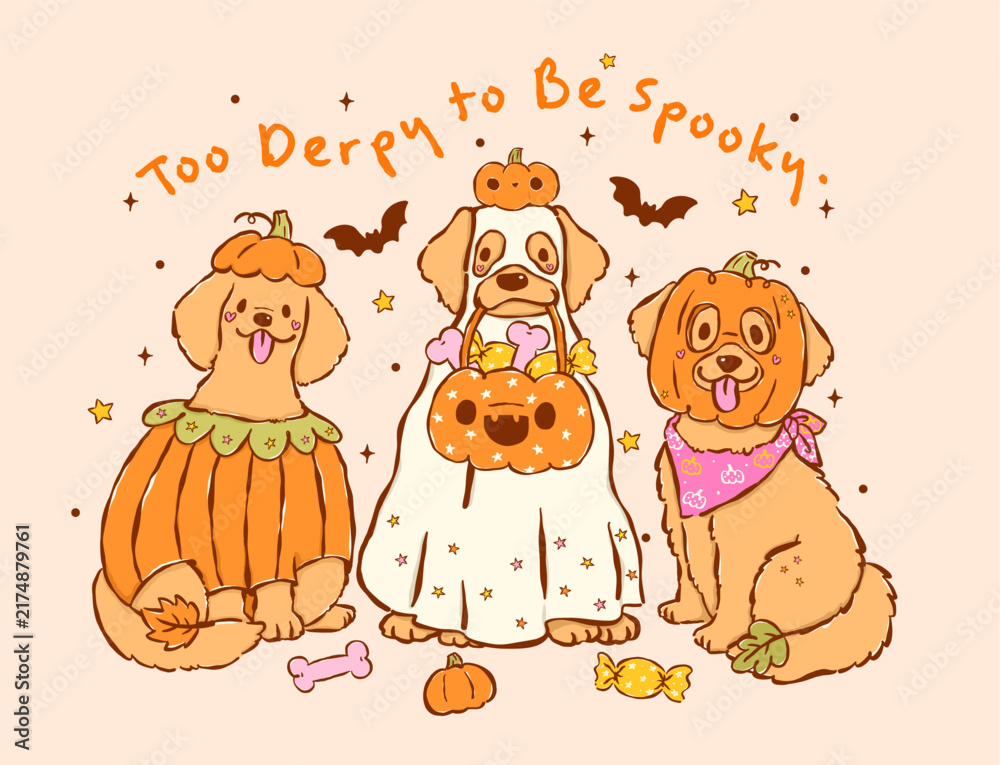 Naklejka premium Cute Spooky Halloween Golden Retriever Dogs Autumn Derpy Cartoon Character Set, Hand Drawn Playful Happy Puppies