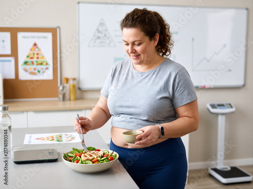 Smiling plus size woman eating a healthy salad in a nutritionist office