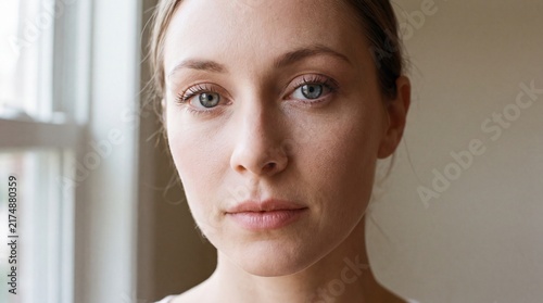Close up portrait of a young woman with blue eyes looking directly at the camera near a window with woman fair skin