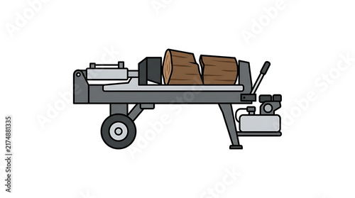 A hydraulic log splitter cutting a wooden log in half on a white background