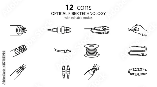 Optical Fiber Technology Line Icon Set Depicting Cables and Connections