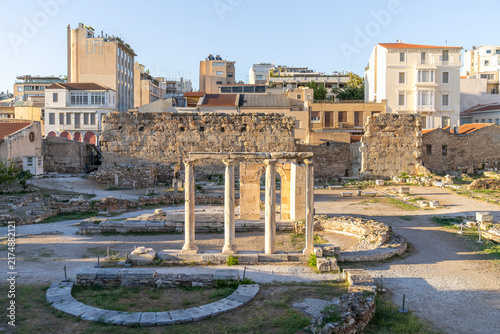 Ancient Hadrian Library ruins in Monastiraki district of Athens