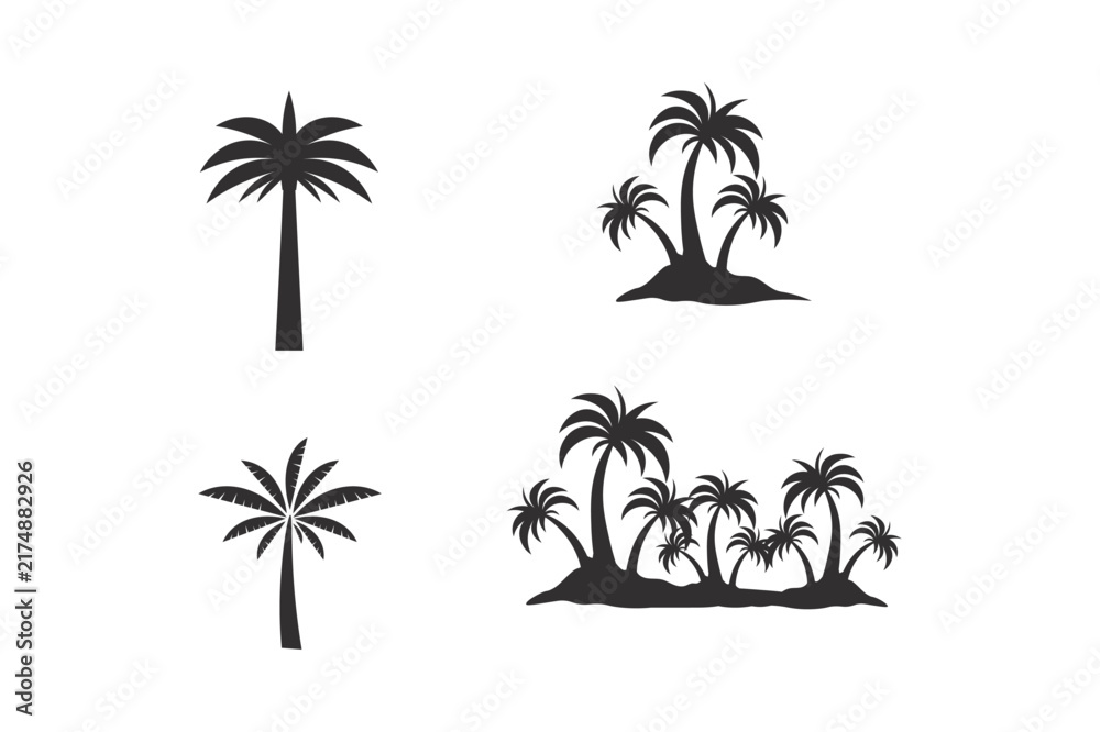 Naklejka premium Collection of black silhouette palm tree isolated on a white background, featuring various tropical tree shapes and island clusters