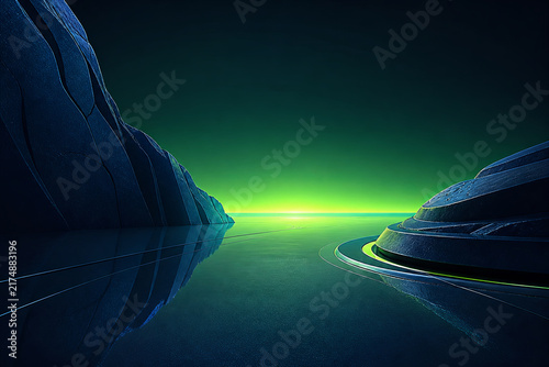 Luminous green horizon emerging from a matte navy canyon