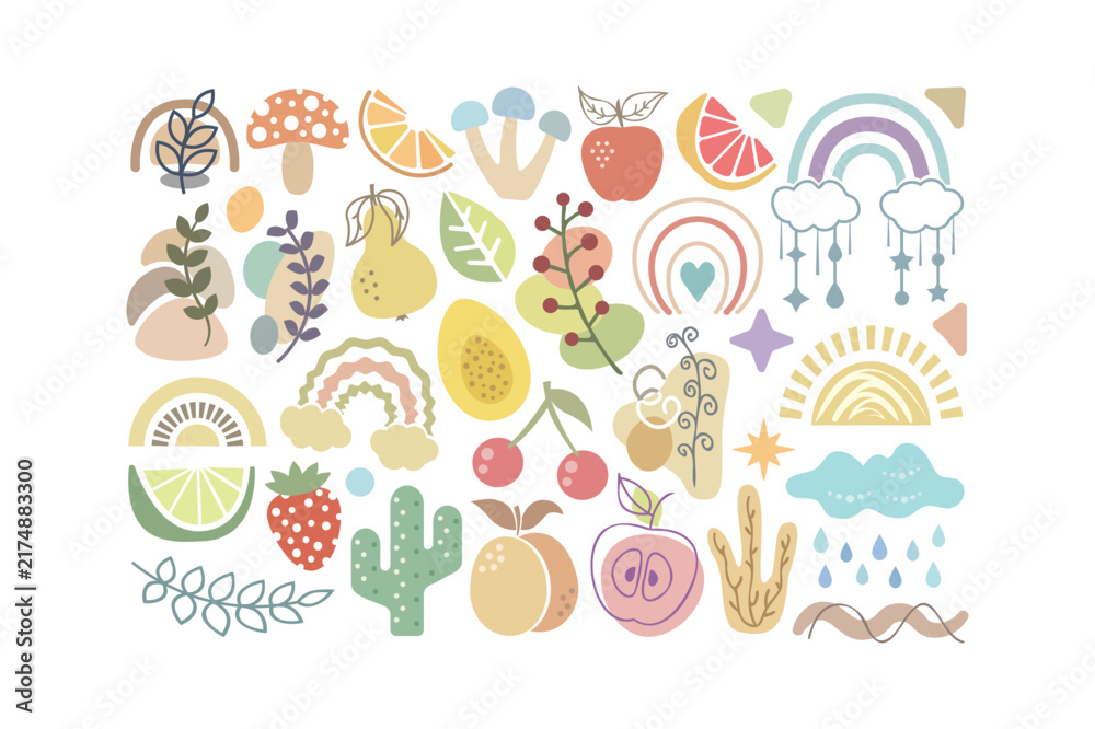Fototapeta premium Collection of cute hand drawn botanical and food rainbows, mushrooms, fruits, and weather in pastel colors on white background