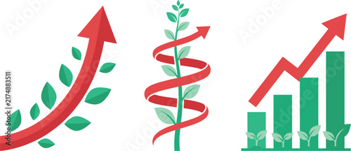 Canvas Print Financial growth chart set featuring rising red arrows entwined with green plant leaves, vines, and bar graphs for sustainable business and ESG investment infographics