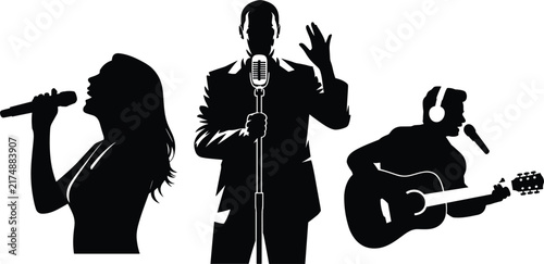 Fotografie Singer silhouette set featuring a female vocalist with a microphone, a male crooner in a suit, and a guitarist wearing headphones for live music concert branding