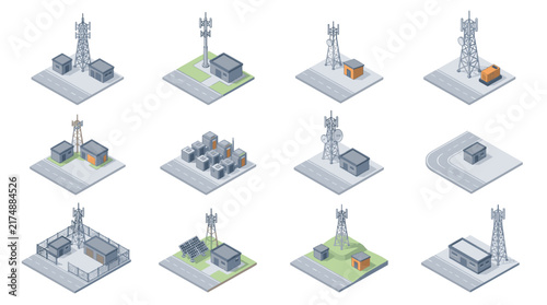 Quadro su tela Isometric illustrations of communication towers and buildings.