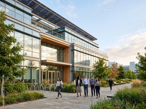 Modern office building with rooftop solar panels and glass facade with pedestrians walking for sustainable workplace and corporate campus background